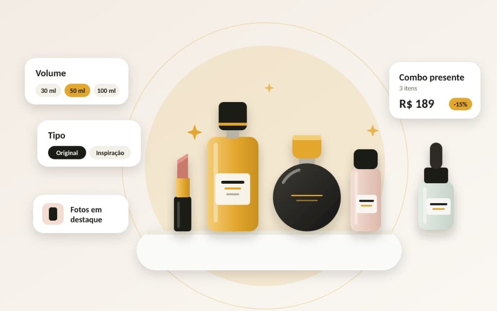 Ilustração de perfumaria com volume, tipo e combos