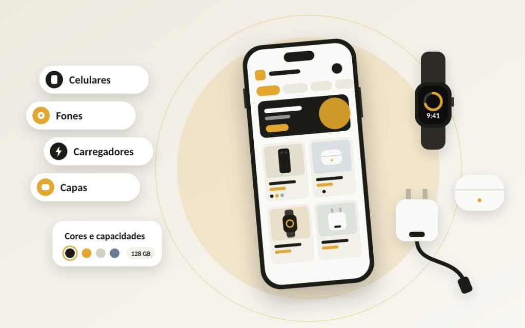 Ilustração de loja de celulares, fones, carregadores e capas
